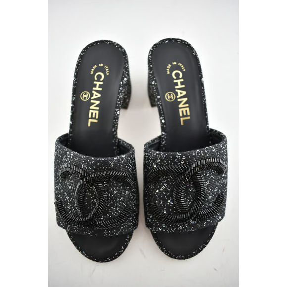Chanel 19P Black White Fabric CC Logo Backless Slide Mule Sandal Block Heel 35 - Picture 8 of 12